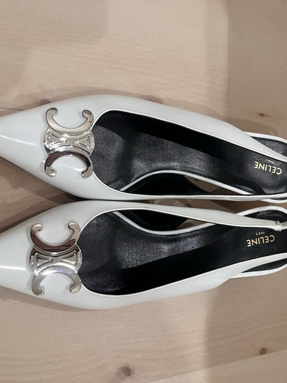 Celine White Patent Leather Pointed Slingback Pumps with Silver Logo